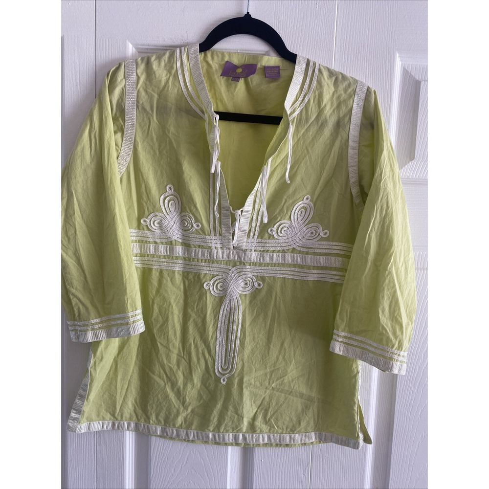C.J. Laing Soutache Tunic Womens Size S Lime Green Embroidered Cotton Resortwear